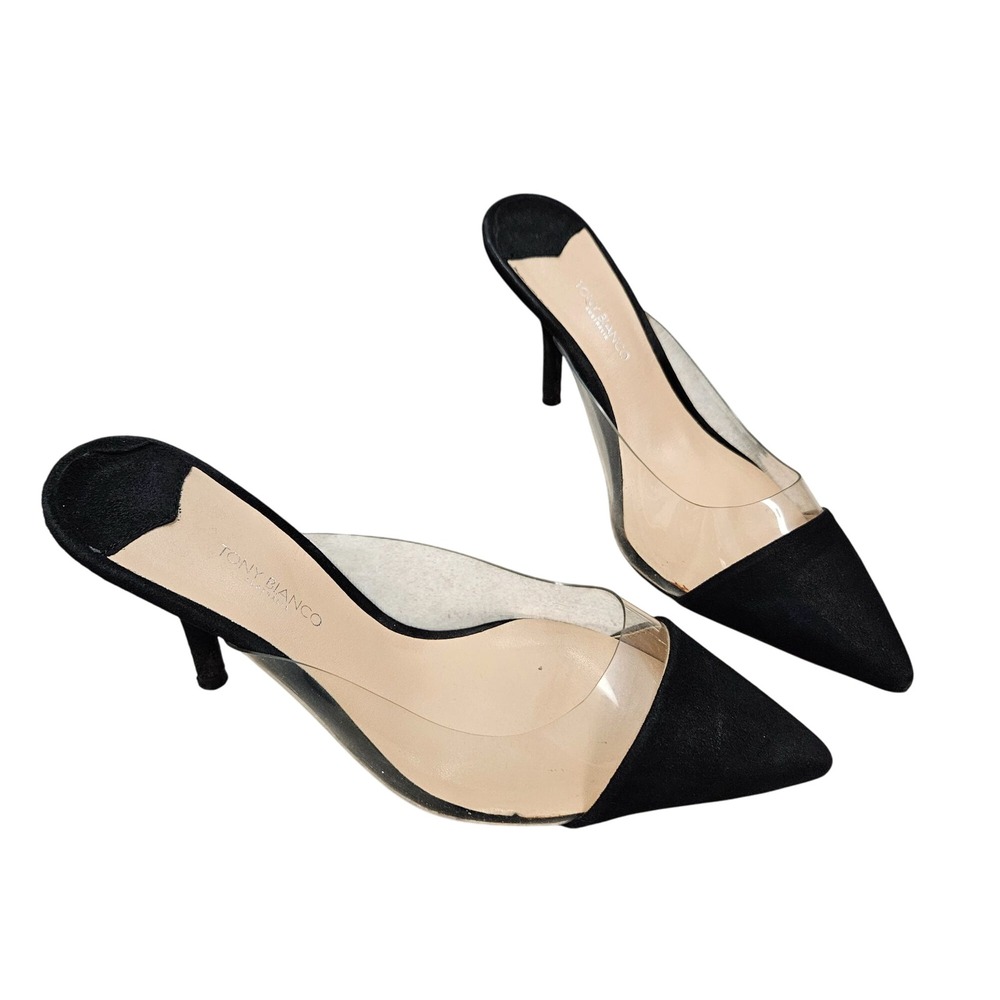 Tony Bianco Evon Mule Black Kid Suede Vynalite Stiletto Womens 7.5 Minimalist‎